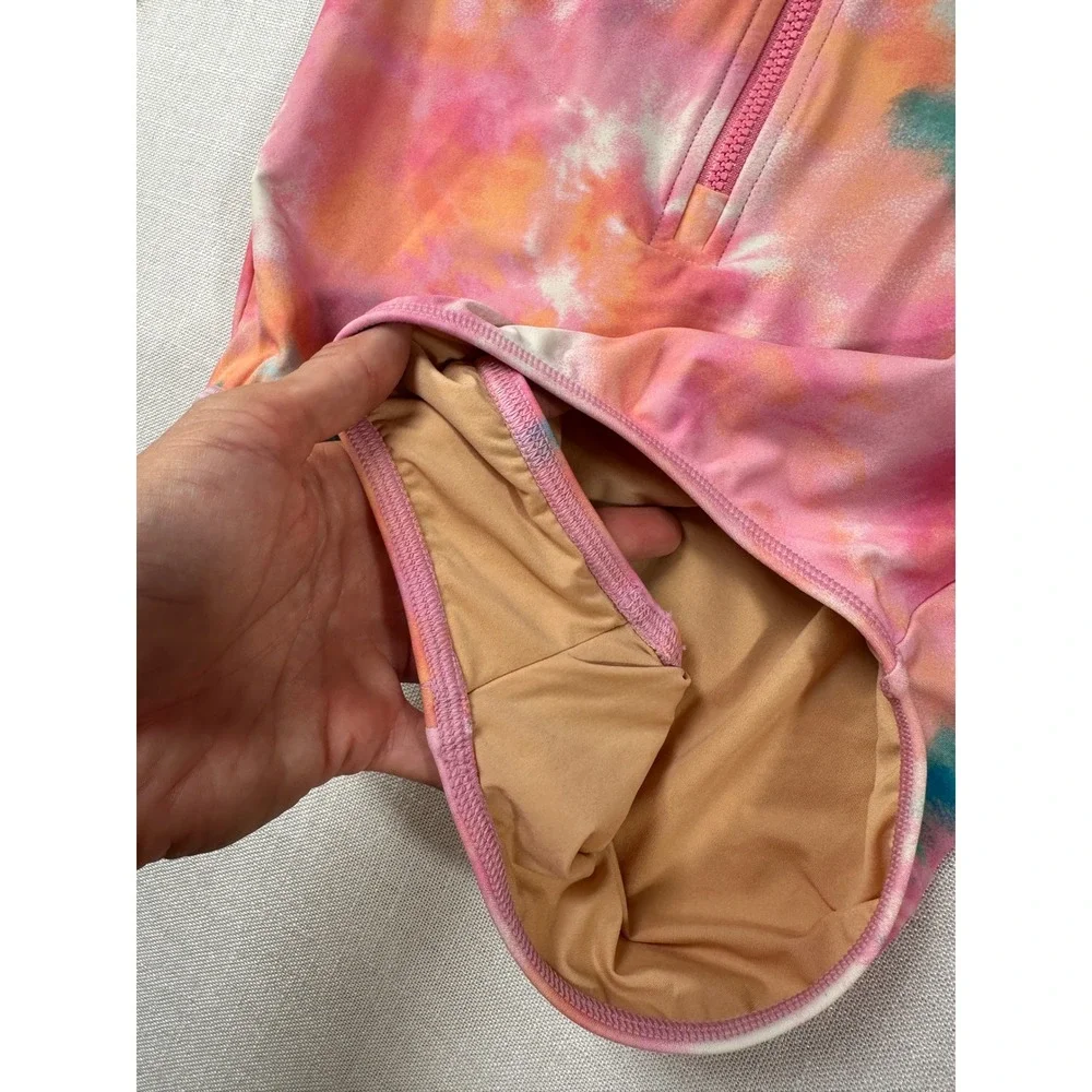 Crewcuts Girls Pink Tie Dye Long Sleeve Rash Guard Swimsuit UPF 50+ Size 14